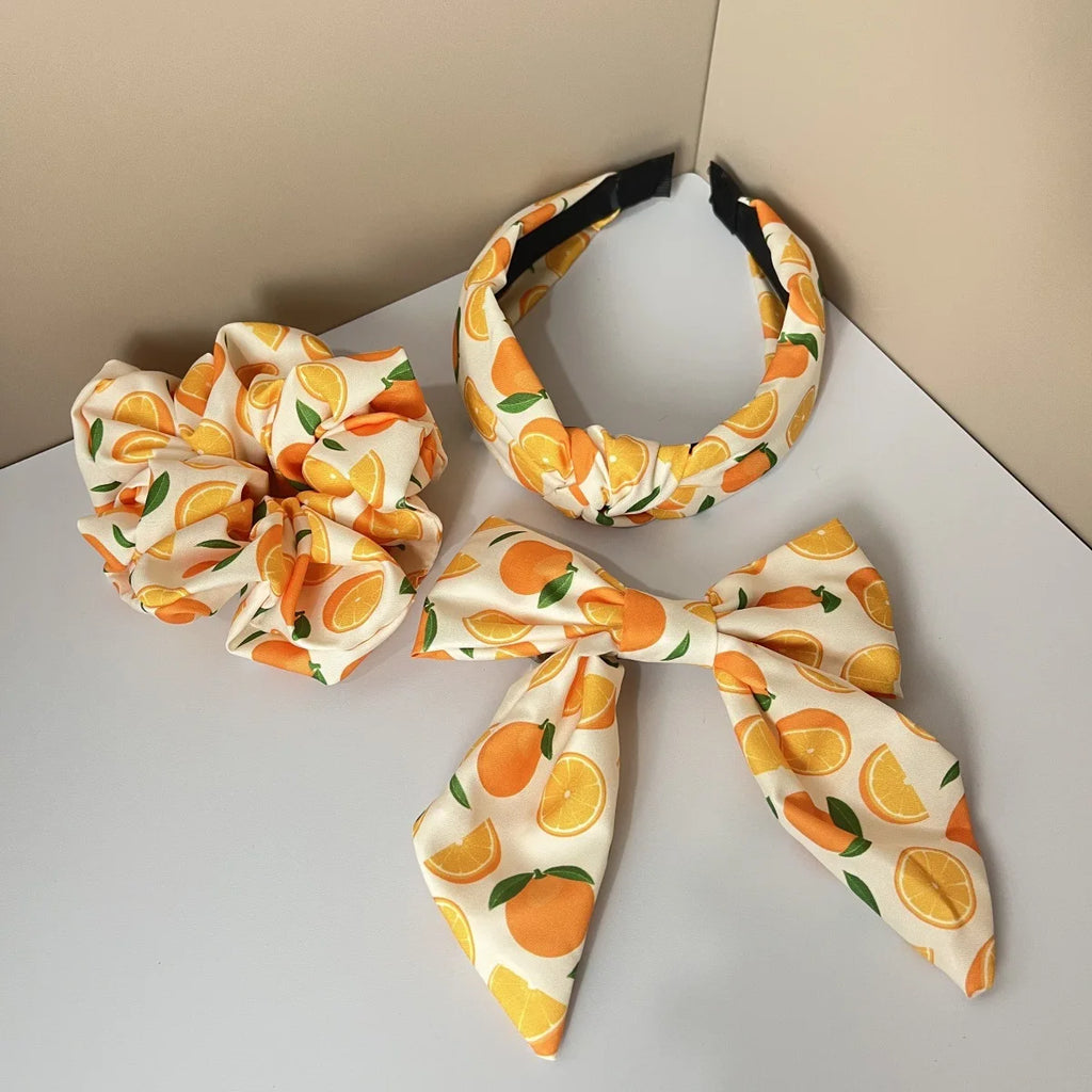 3PCS Fabric Solid Color Flower Fruit Pattern Lemon Orange Cherry Wide Knot Hairband Hair Accessories Set