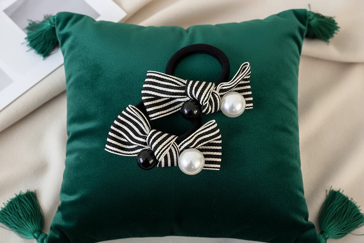 Simple Beach Hair Accessories Scrunchies bobbles  for Hair Woman Accesories Pearl Striped Bow Girls Cute Items New Headwear Apparel black pearl white pearl