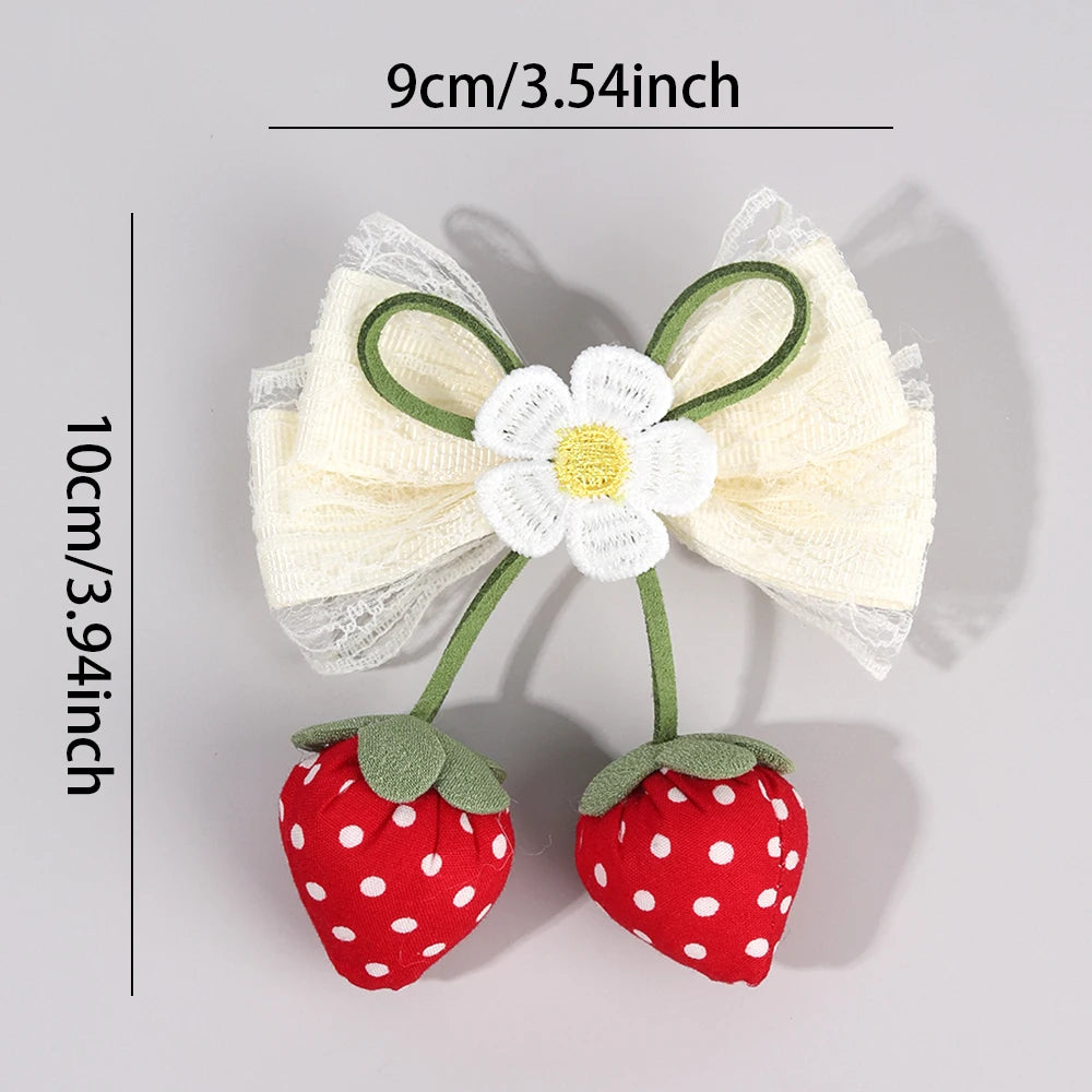 Juicy Strawberry Bow Hair Clips Sweet Flower Lace Ribbon Bownot Hairpins For Girls Children Trendy Cute Headwear Accessories half hair up half down , party holiday cruise