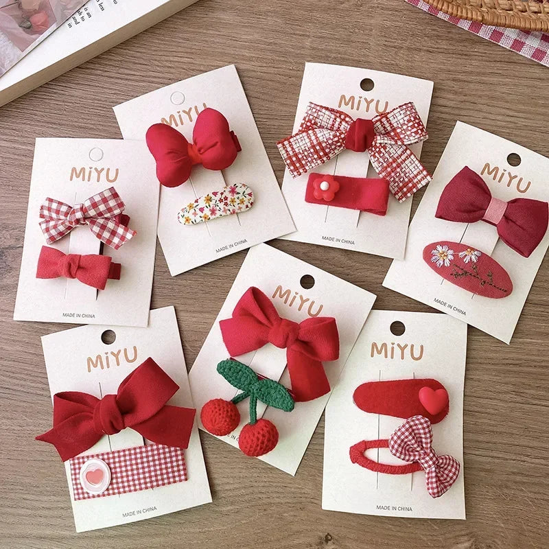 2pcs Red Colour Girl Hair Clip Christmas summer spring Bow Floral Children's Clip Sweet Hair Accessories