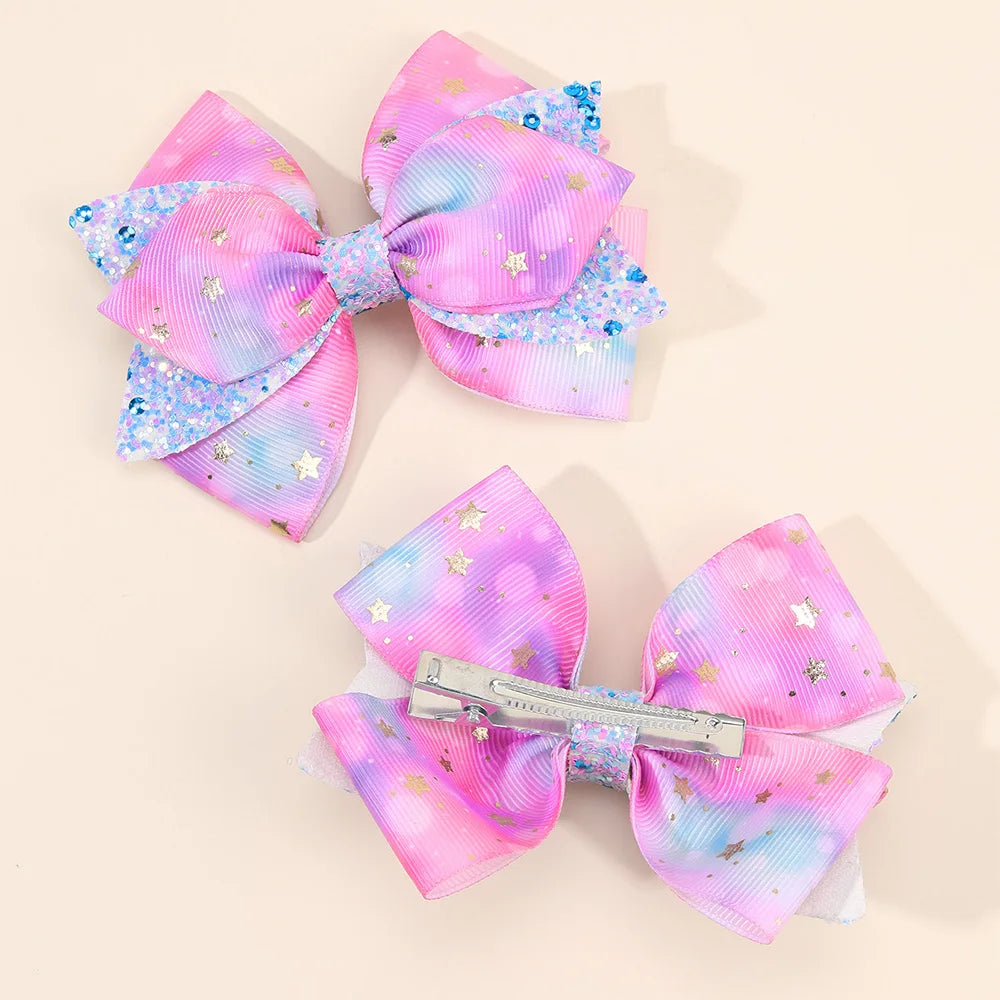 2Pcs Rainbow Star Hair Clips Sweet Glitter Sequin Hairpins New Ribbon Barrette For Girls Children Headwear Hair Accessories Gift party girls