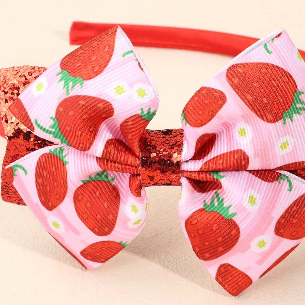 Strawberry Print Headband Glitter Watermelon Elastic Ribbon Bow Hair Bands Children Girls Summer Headwear Headdress Accesories