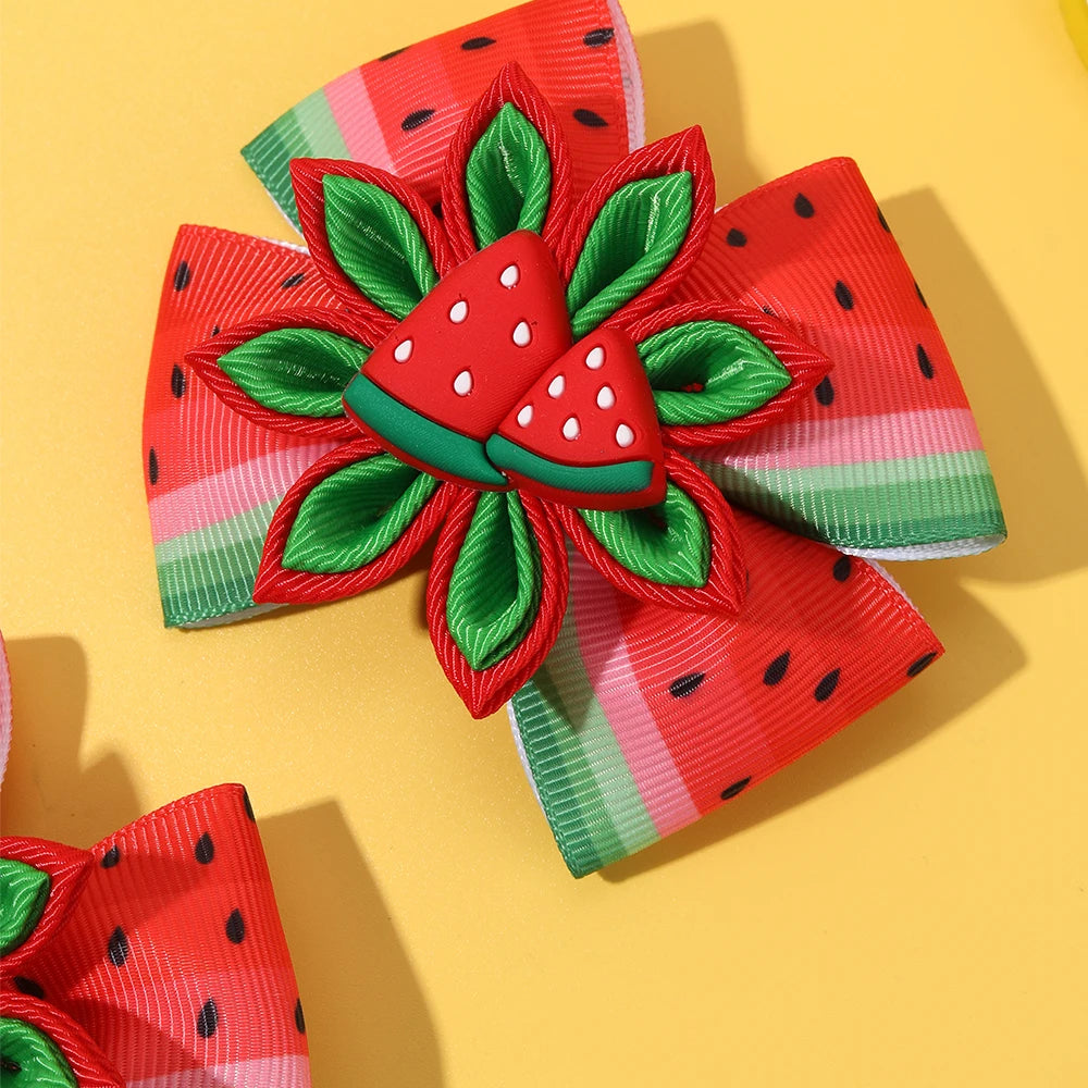 2Pcs Watermelon Bow Hair Clip Cute Fruit Flower Hairpin Ribbon Barrette For Girls Children Summer Headwear Headdress Accessories