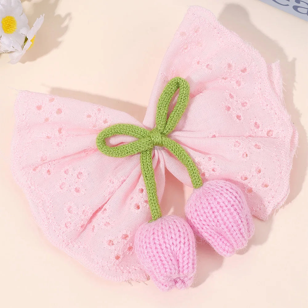 Knitted Tulip Bow Hair Clips Pure Cotton Crochet Flower Hairpin Hollow Out Floral Embroidery Design Barrette Hair Accessories beautiful Amsterdam trip