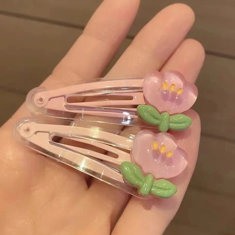 2pcs Cute Cartoon Duck Hair Clips Sweet Tulip Flower BB Hairpins for Girls Transparent Yellow Duckling Side Bangs Accessories