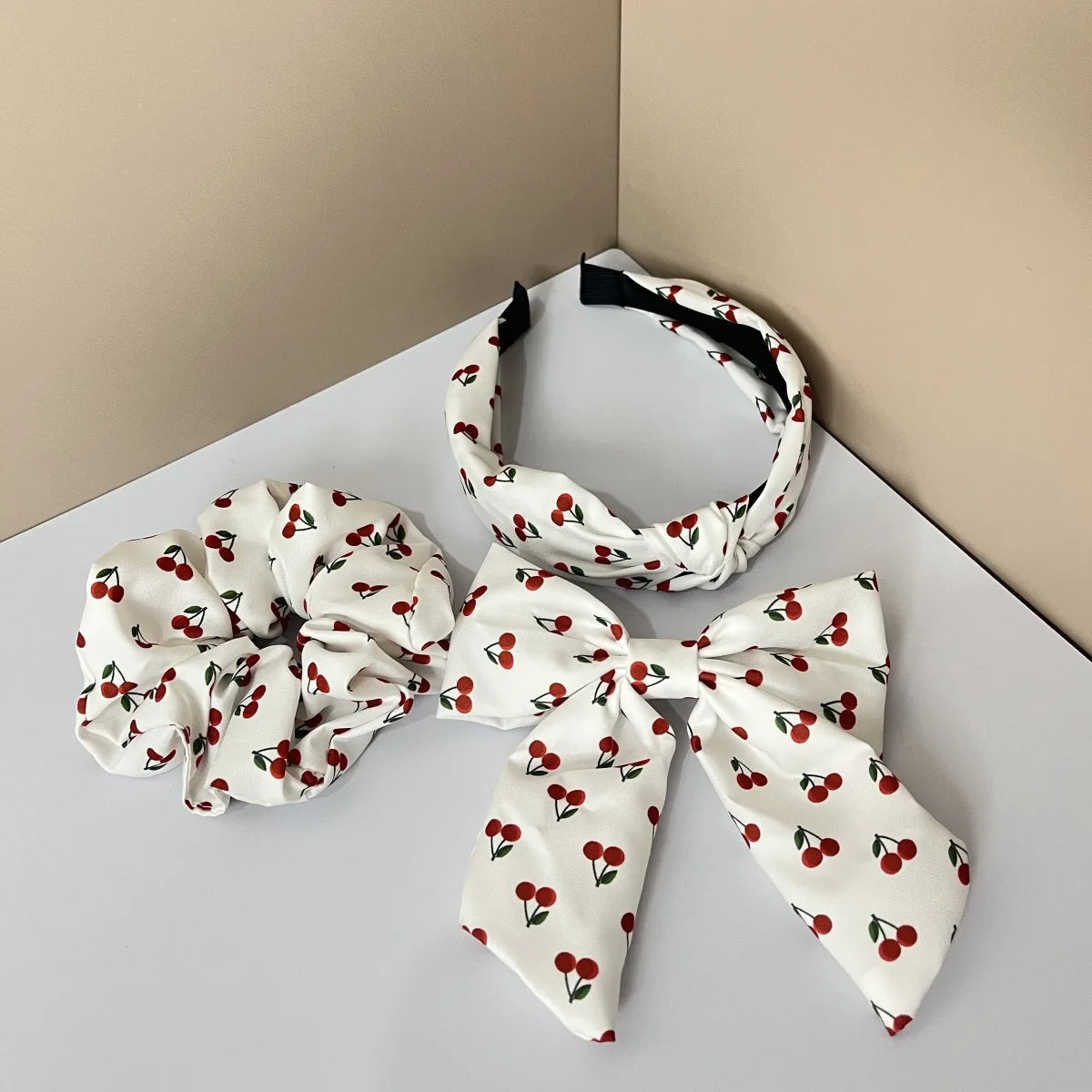 3PCS Fabric Solid Color Flower Fruit Pattern Lemon Orange Cherry Wide Knot Hairband Hair Accessories Set