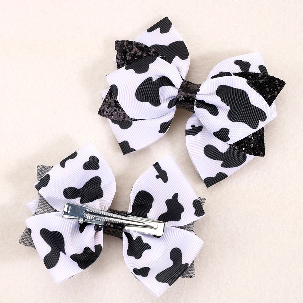 2Pcs Cow Print Bow Hair Clip Sweet Cute Dot Bownot Glittering Hairpin For Kid Girls Children's School Daily Headwear Accessories