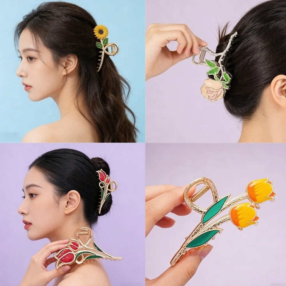 Fashion Metal Flower Hair Clips Exquisite Lily Tulip Rose Shark Clip Advanced Non-Slip Hair Claw Hair Accessories