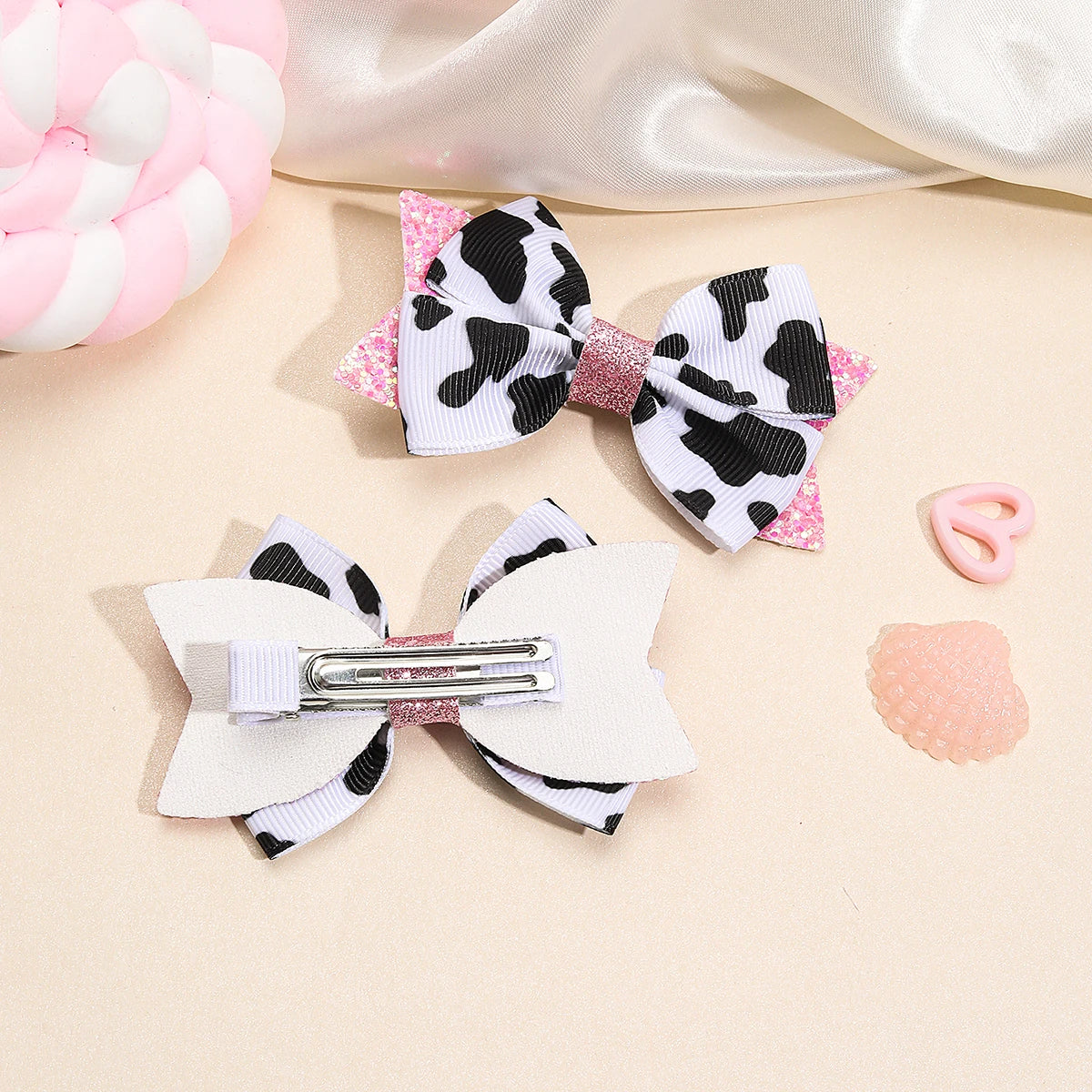 2Pcs Cow Print Bow Hair Clip Sweet Cute Dot Bownot Glittering Hairpin For Kid Girls Children's School Daily Headwear Accessories