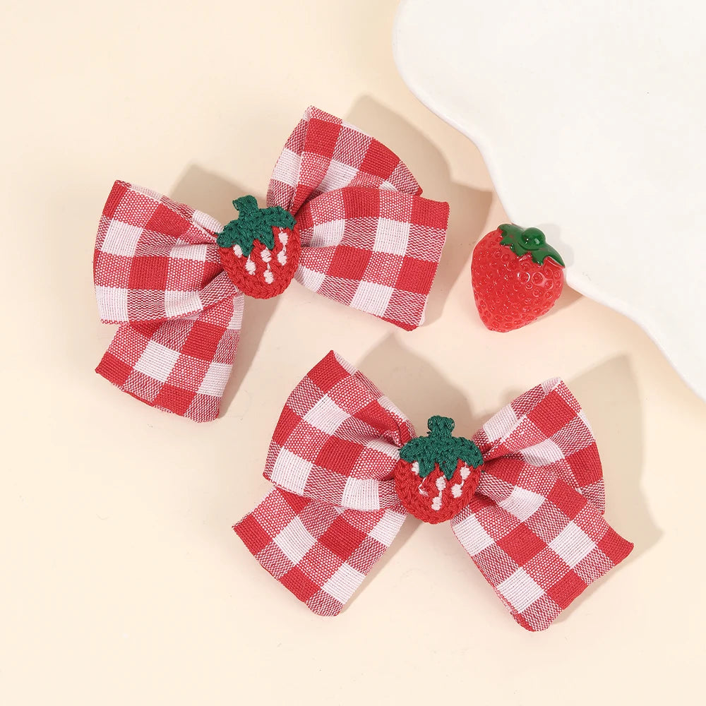 2Pcs Cherry Bow Hair Clips Strawberry Plaid Hairpin Sweet Fashion Barrette For Girls Children's Headdress  Kids school holidays Accessories cruise beach party