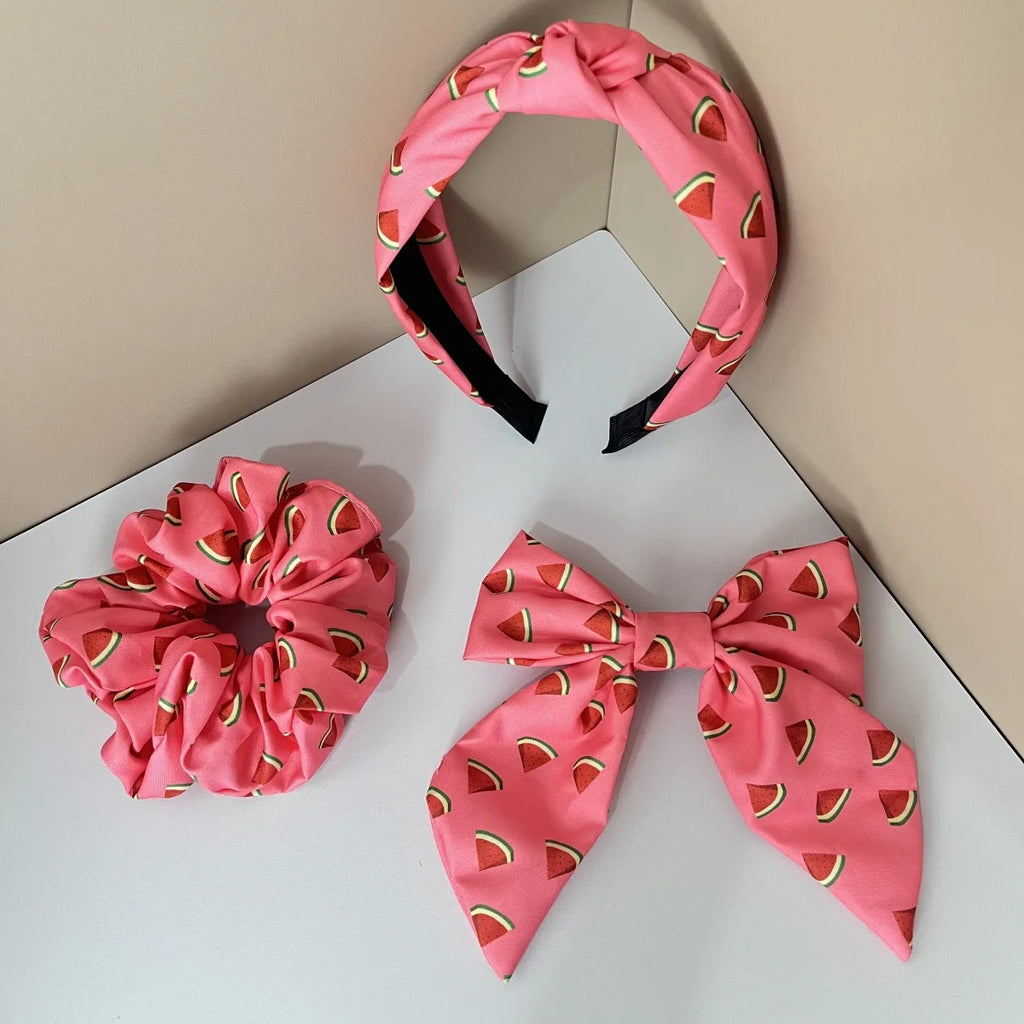 3PCS Fabric Solid Color Flower Fruit Pattern Lemon Orange Cherry Wide Knot Hairband Hair Accessories Set