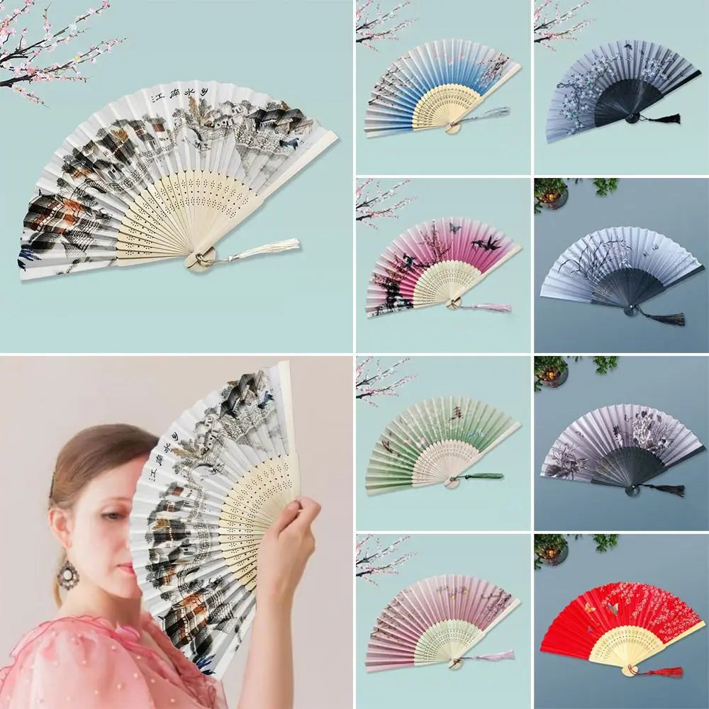 2024 Silk Vintage Folding Fan Colorful Tassel Elegent Hand Fan Hand Fan Bamboo Shank Classical Dance Fan Female