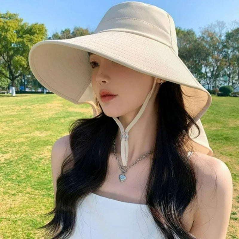 Women Large Brim UV Protection Sun Hat Summer Fiing Cap Breathable Outdoor Fishing Hiking Wide Brim Shawl Sunscreen Ponytail Cap