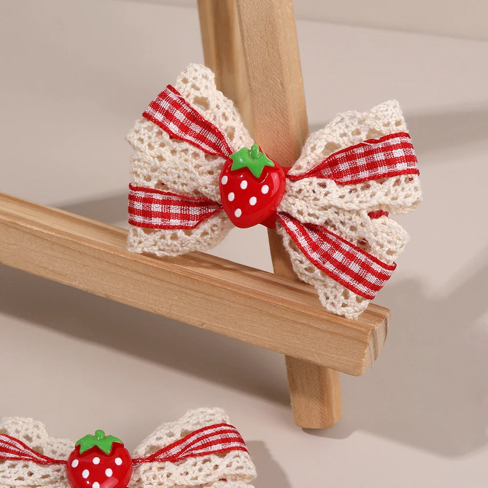 2Pcs Retro Strawberry Bow Hair Clips For Girls Sweet Lace-trim Plaid Hairpins Children Daily Korean Headwear Hair Accessories party holiday pretty hair