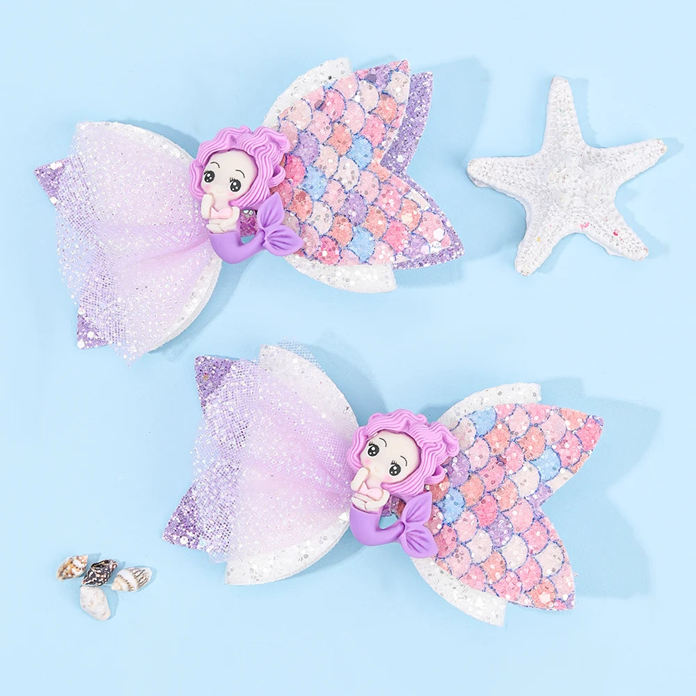 2Pcs Cartoon Mermaid Hair Clips Glitter Bow Hairpin Sparkly Barrette For Girls Children Summer Beach Headdress Hair Accessories