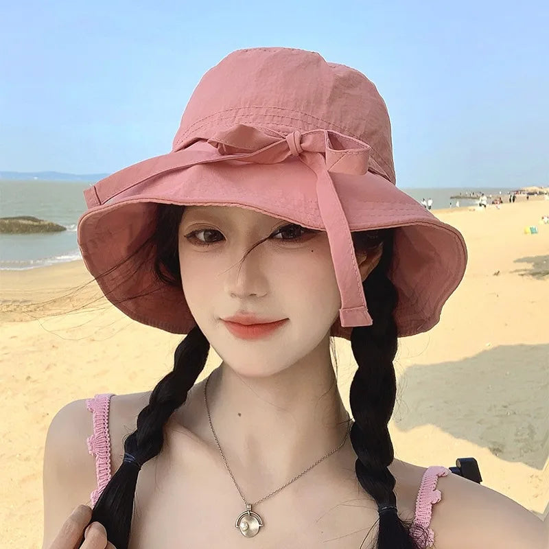 Women Lace-up Bowknot Sunscreen Fisherman Hat Large Brim Summer Anti-UV Strap Bucket Caps Korean Girl Travel Beach Basin Caps