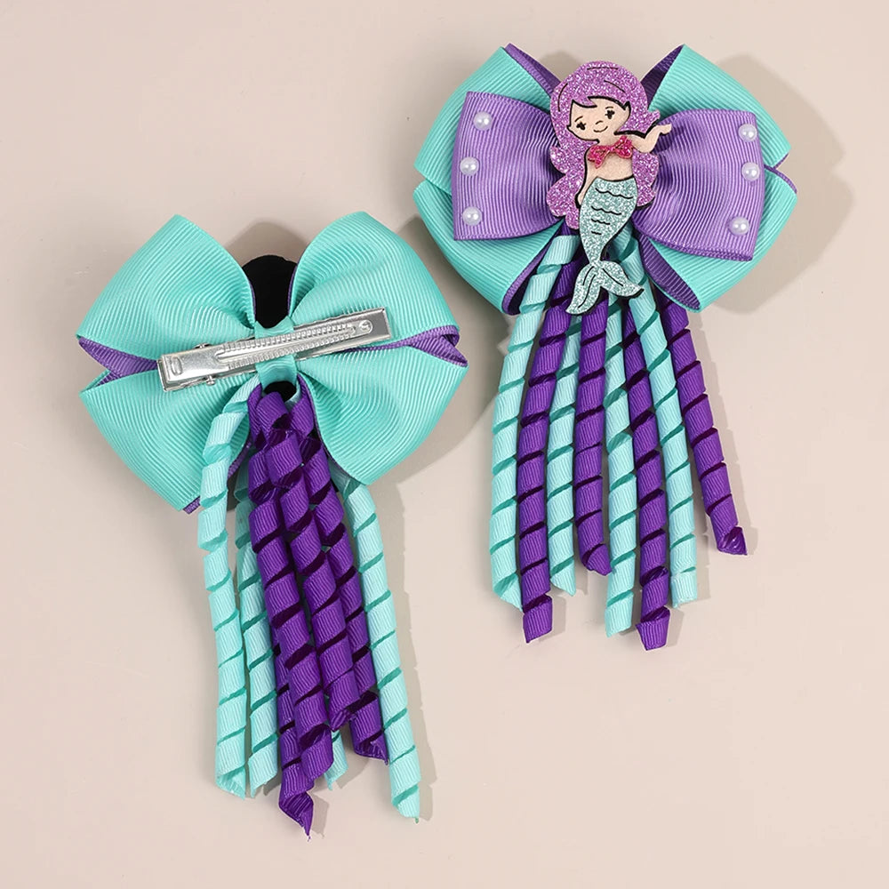 2Pcs Girls Mermaid Bow Hair Clips Cute Cartoon Mermaid Pearls Hairpins Octopus Curled Grosgrain Ribbon Barrette Hair Accessories