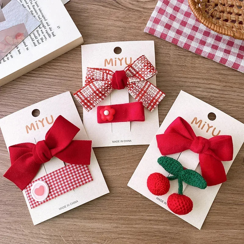 2pcs Red Colour Girl Hair Clip Christmas summer spring Bow Floral Children's Clip Sweet Hair Accessories