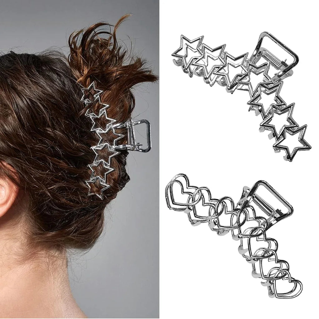 1pc Metal star silver large hair clip with simple design and high-end cmaw clip at the back of the head hair up  perfect for holidays work etc hearts love