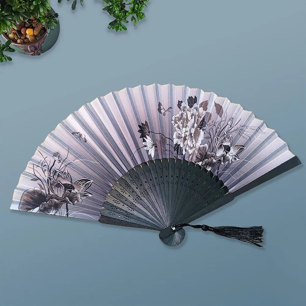 2024 Silk Vintage Folding Fan Colorful Tassel Elegent Hand Fan Hand Fan Bamboo Shank Classical Dance Fan Female