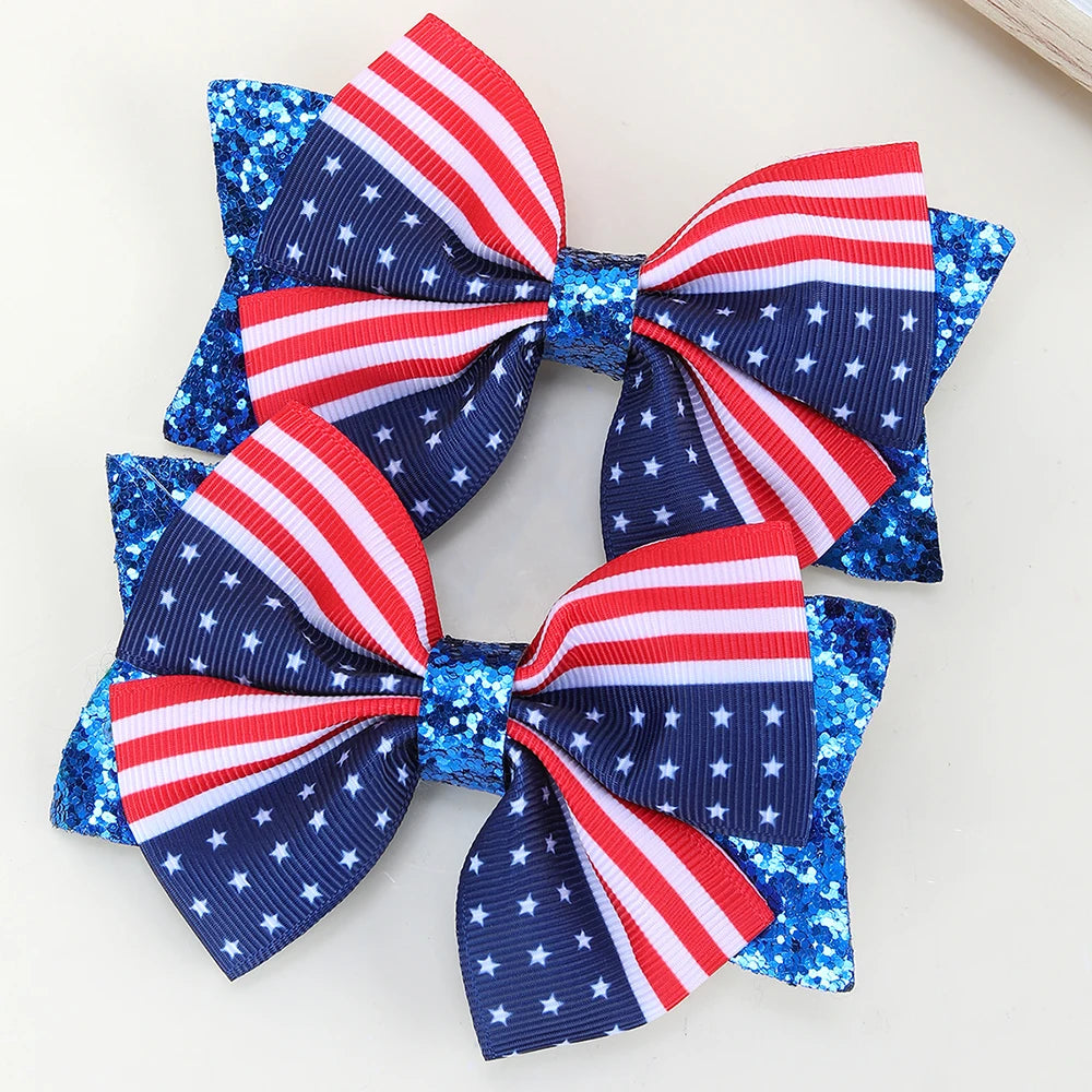 2Pcs USA Flag Bow Hair Clip Ribbon Patriotic American Flag Design Red White Blue Bow Barrettes For 4th Of July Party Accessories trip to America Florida New York holiday