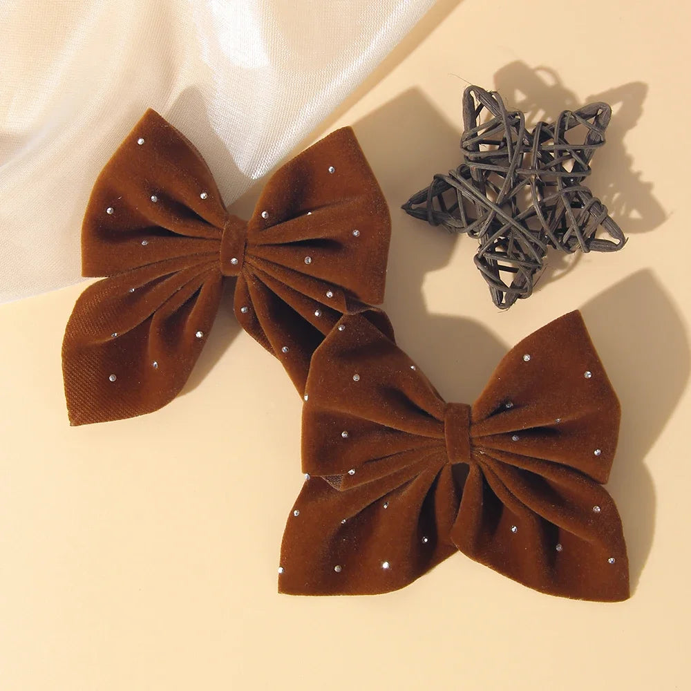 2PCS/Set Girl's Favorite Cute Bow Hair Clip Diamond Embellished Velvet Solid Color Bow Alloy Safe Hair Accessory Kids Gift
