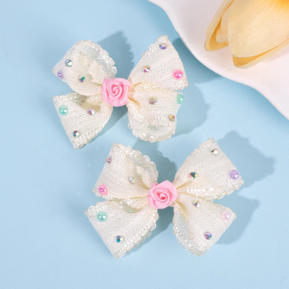2Pcs Sweet Flower Bow Hair Clip Korean Solid Rose Rhinestone Barrettes Side Hairpins For Girls Children Headdress Accessories
