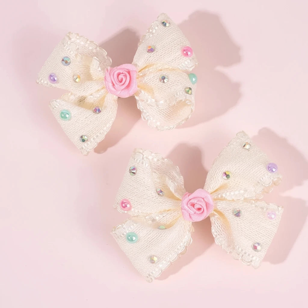 2Pcs Sweet Flower Bow Hair Clip Korean Solid Rose Rhinestone Barrettes Side Hairpins For Girls Children Headdress Accessories