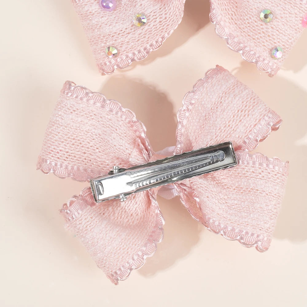 2Pcs Sweet Flower Bow Hair Clip Korean Solid Rose Rhinestone Barrettes Side Hairpins For Girls Children Headdress Accessories