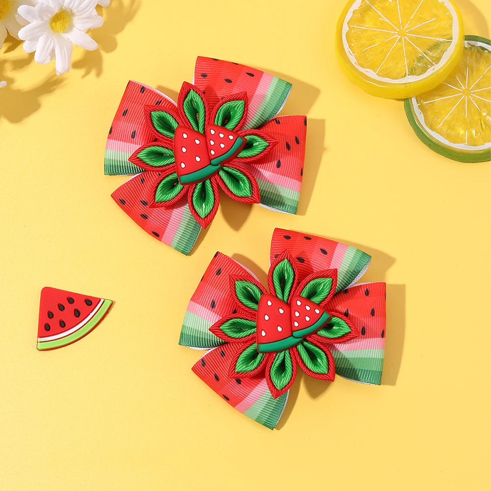 2Pcs Watermelon Bow Hair Clip Cute Fruit Flower Hairpin Ribbon Barrette For Girls Children Summer Headwear Headdress Accessories