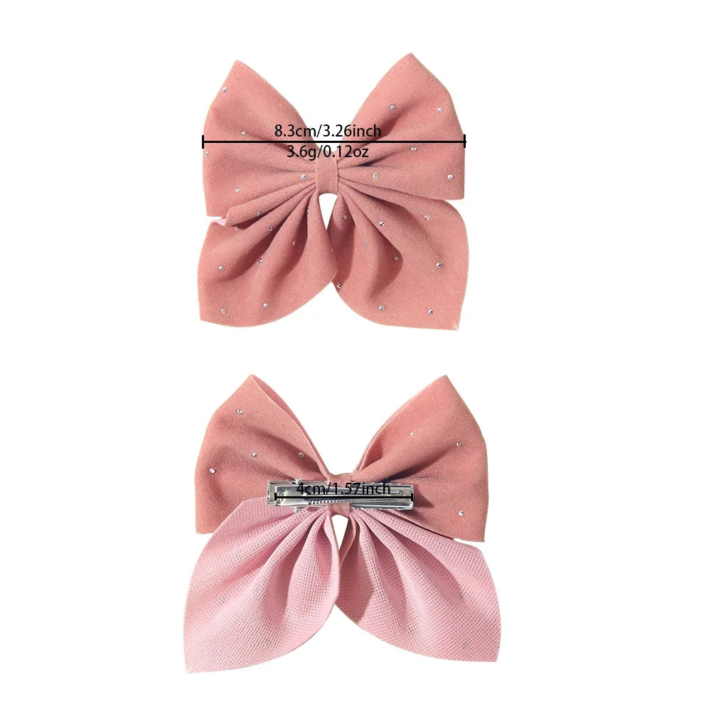 2PCS/Set Girl's Favorite Cute Bow Hair Clip Diamond Embellished Velvet Solid Color Bow Alloy Safe Hair Accessory Kids Gift
