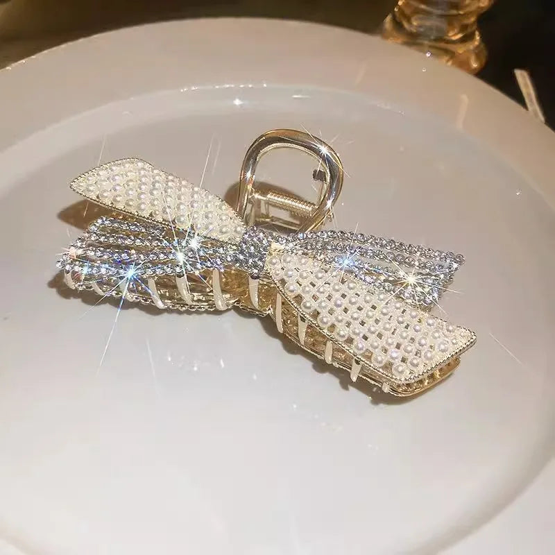 Women's Hair Claw Clip  Pearl Rhinestone Bow Shiny Metal For Girls ladies very pretty