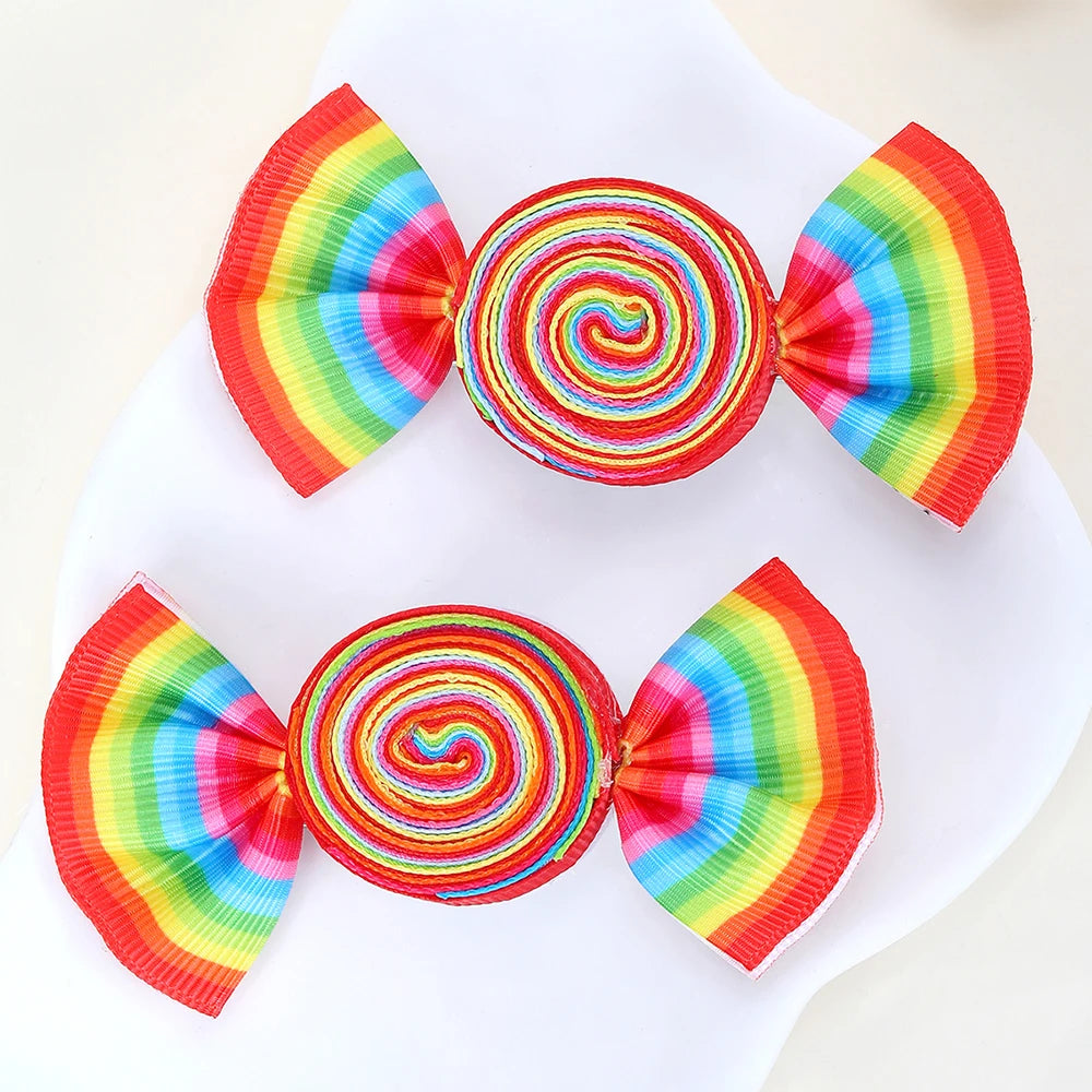 2Pcs Candy Bow Hair Clips Sweet Strawberry Heart Print Hairpins Rainbow Barrette For Girls Kids Children Headwear Accessories