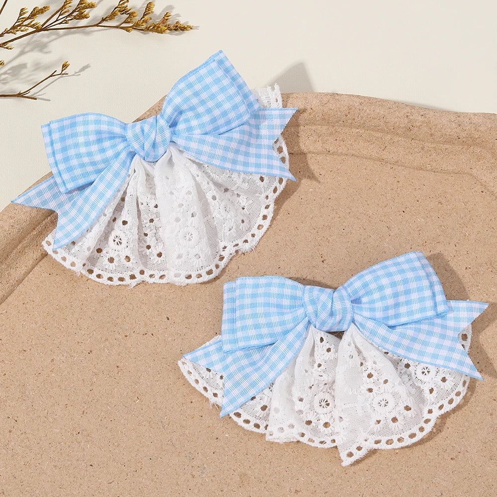 2Pcs New Korean Red Plaid Bow Hair Clips For Girls Cute White Lace Flower Hairpins Sweet Daily Trendy Headwear Hair Accessories