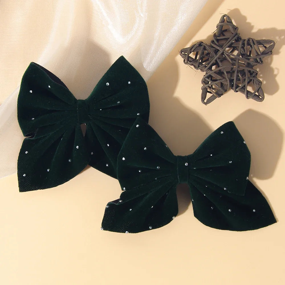 2PCS/Set Girl's Favorite Cute Bow Hair Clip Diamond Embellished Velvet Solid Color Bow Alloy Safe Hair Accessory Kids Gift