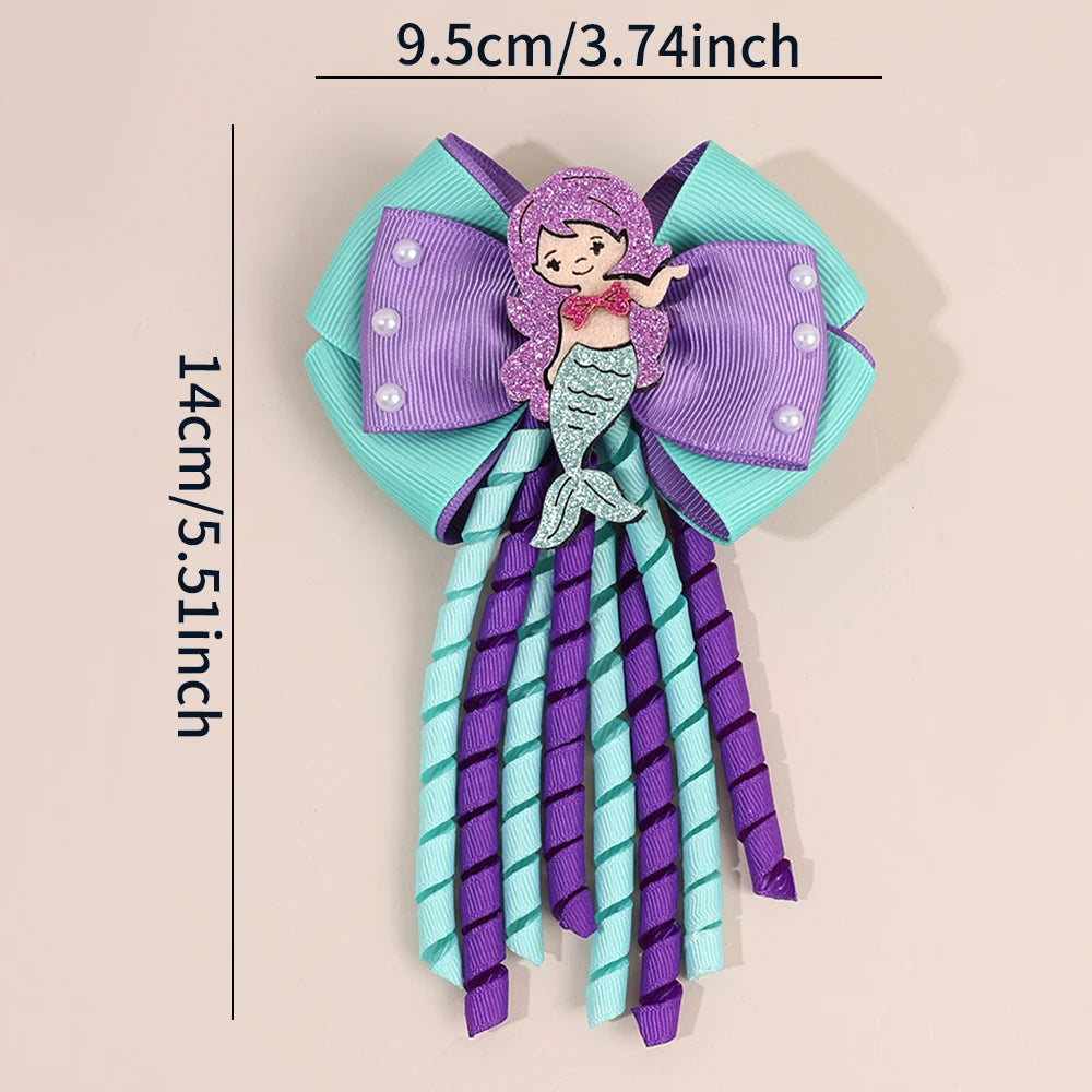 2Pcs Girls Mermaid Bow Hair Clips Cute Cartoon Mermaid Pearls Hairpins Octopus Curled Grosgrain Ribbon Barrette Hair Accessories