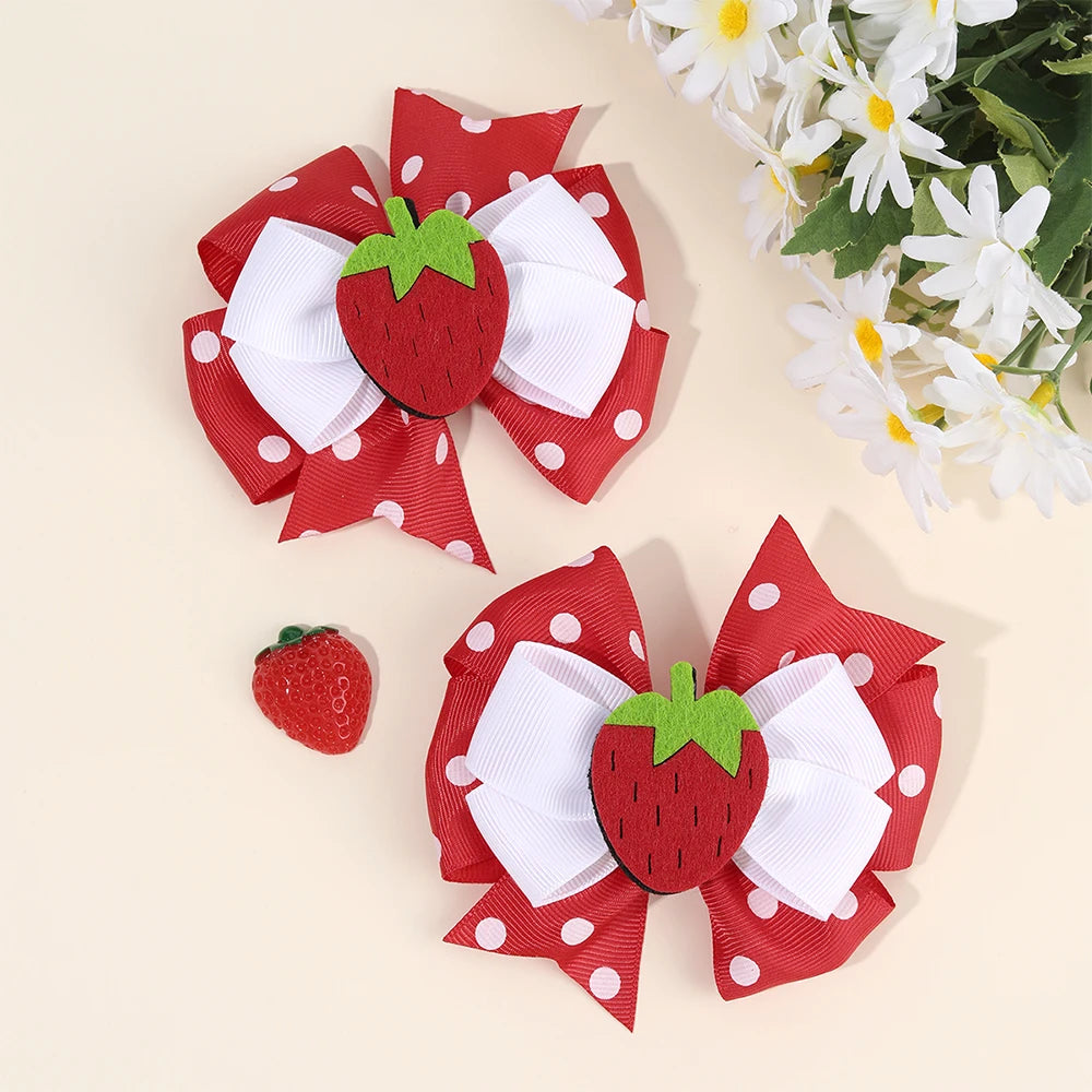 2Pcs Strawberry Hair Clip Sweet Polka Dot Ribbon Fashion Bow Barrettes For Girl Children Baby Trendy accessories  Hair clips slides cherry