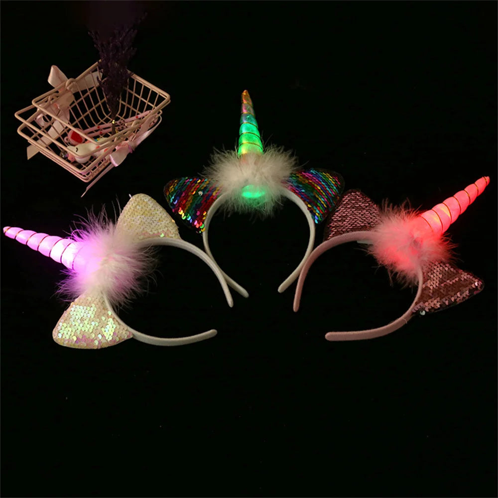 Led Light Unicorn Headband Kids Girl Birthday Cartoon Headwear Hair Accessories Rainbow Unicorn Theme Party Decoration Suppliese
