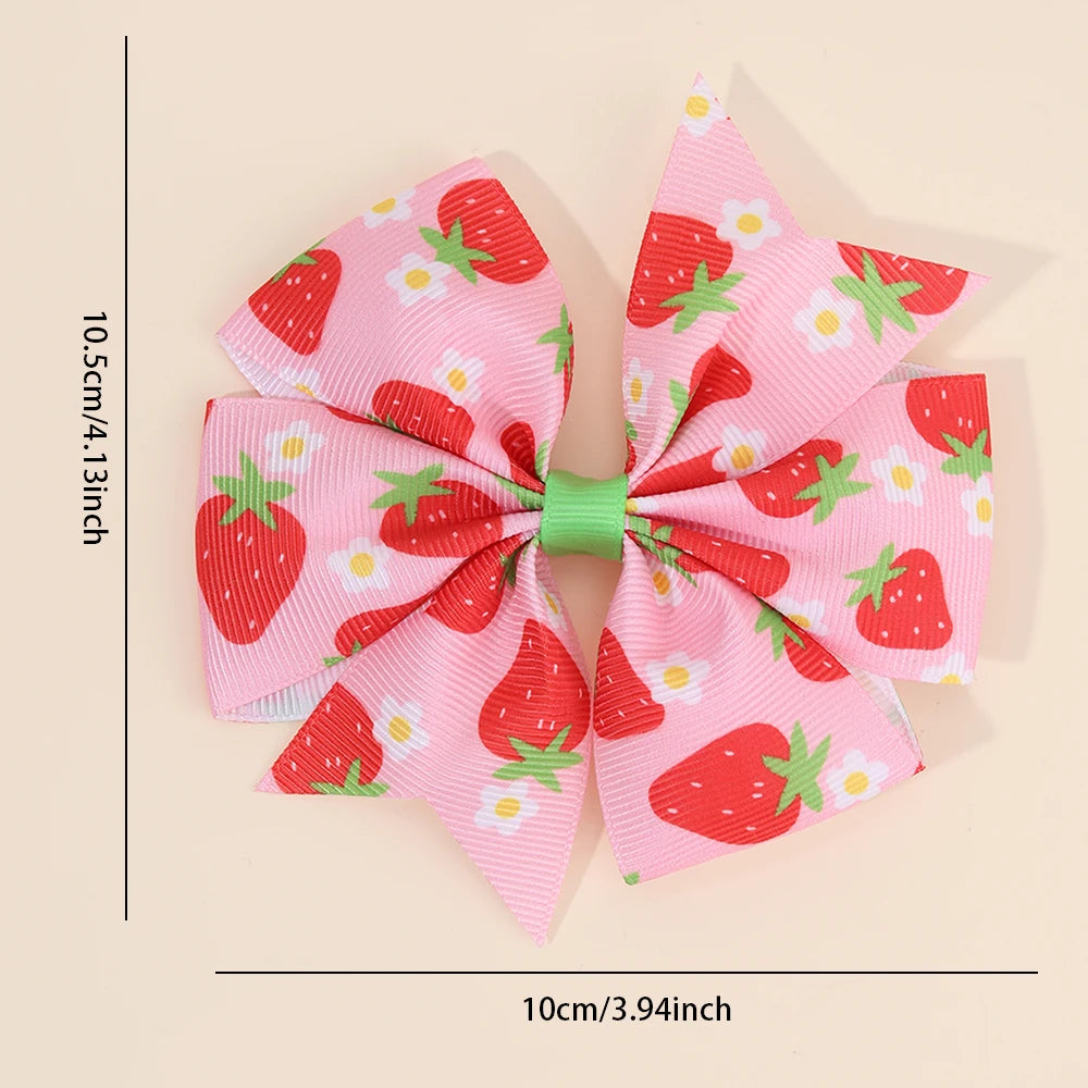 2Pcs Strawberry Ribbon Hair Clips Pink Sweet Flower Print Hairpin Trendy Barrette For Girls Children Kids Headdress Accessories
