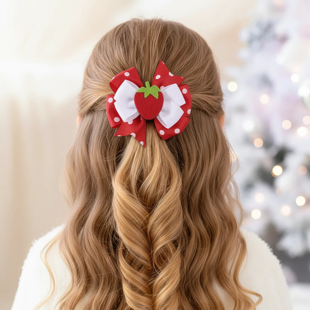 2Pcs Strawberry Hair Clip Sweet Polka Dot Ribbon Fashion Bow Barrettes For Girl Children Baby Trendy accessories  Hair clips slides cherry