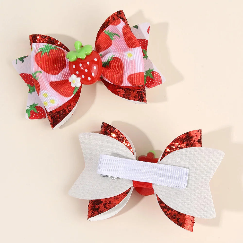 2pcs/Pack Sparkling Fruit Shaped 3D Strawberry Decoration Leather Hair Clips for Girls, Toddler Girl Hair Accessories Headwear