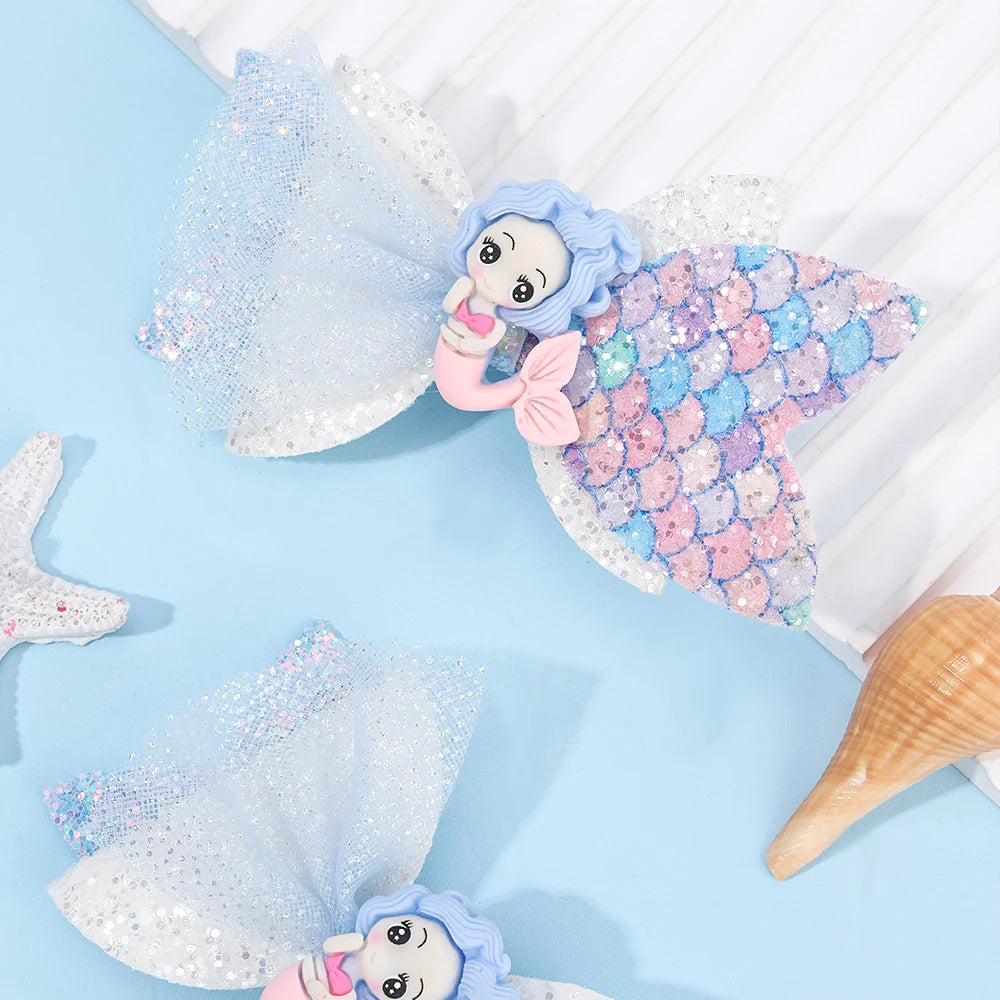 2Pcs Cartoon Mermaid Hair Clips Glitter Bow Hairpin Sparkly Barrette For Girls Children Summer Beach Headdress Hair Accessories