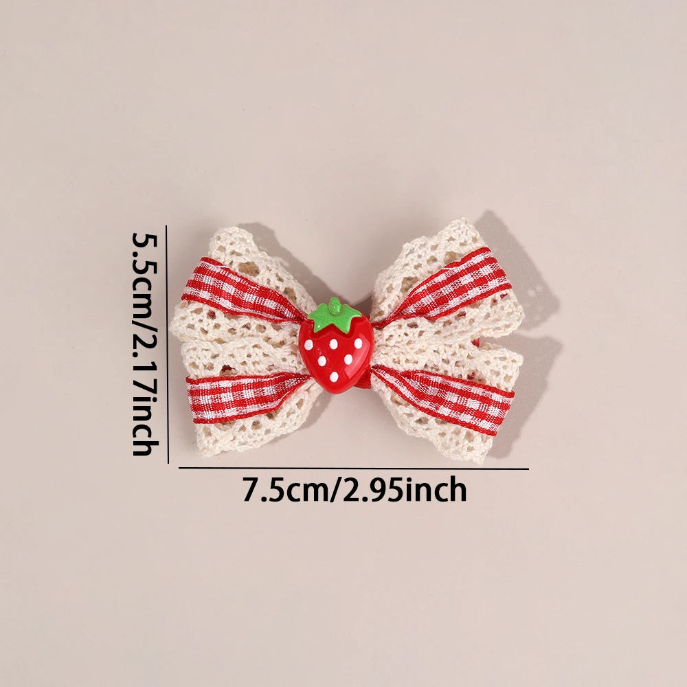 2Pcs Retro Strawberry Bow Hair Clips For Girls Sweet Lace-trim Plaid Hairpins Children Daily Korean Headwear Hair Accessories party holiday pretty hair
