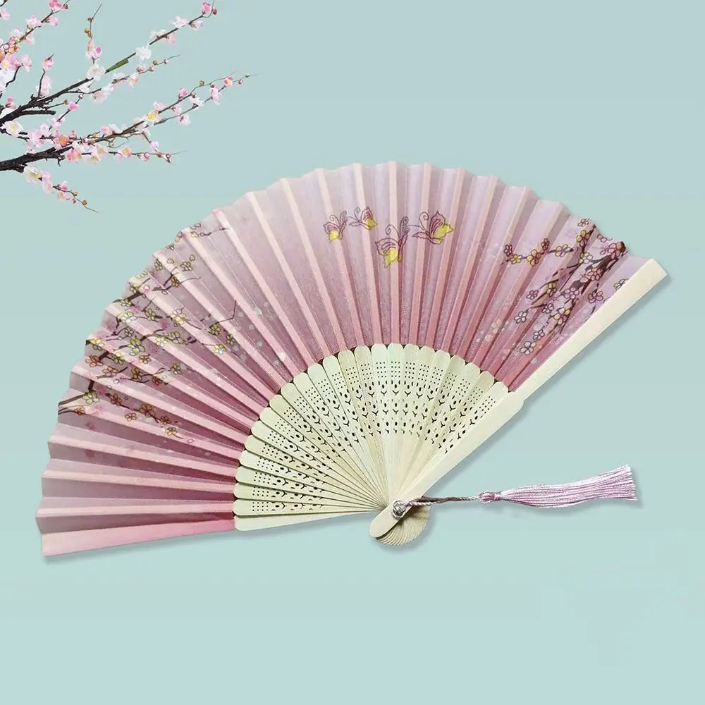 2024 Silk Vintage Folding Fan Colorful Tassel Elegent Hand Fan Hand Fan Bamboo Shank Classical Dance Fan Female