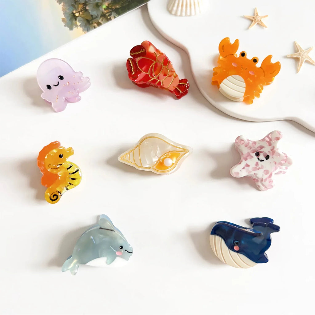 Fashion Cartoon Marine Small Animal Hairpins Cute Small Delicate Acetate Pan Hairpins Horsetail Half-tied Shark Clips Hair Claw octopus whale crab starfish seahorse shell lobster dolphin holidays beach party