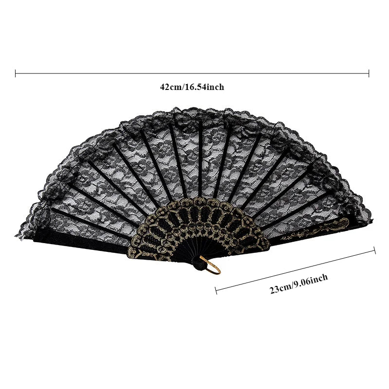 1Pc European Retro Black White Lace Folding Fan Women Lolita Art Classical Hand-held Fan Dance Photo Cosplay Opera Party Props
