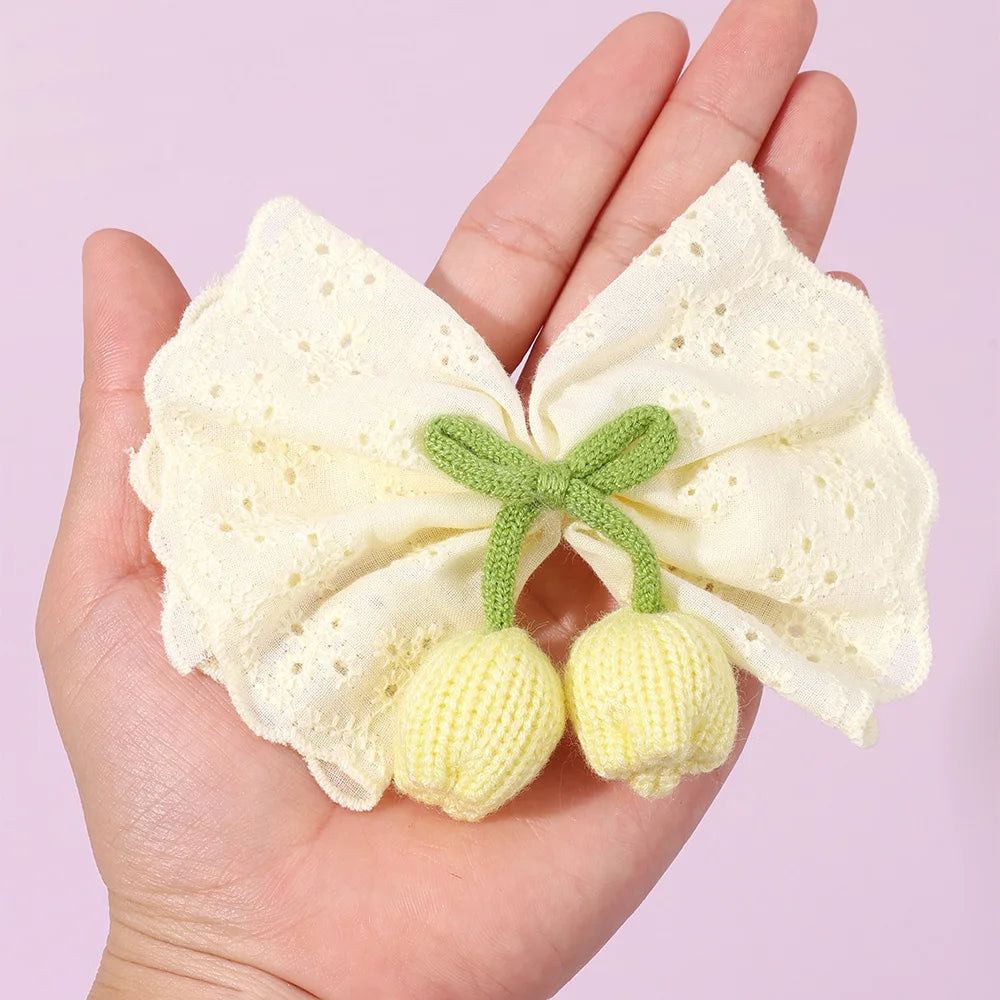 Knitted Tulip Bow Hair Clips Pure Cotton Crochet Flower Hairpin Hollow Out Floral Embroidery Design Barrette Hair Accessories beautiful Amsterdam trip