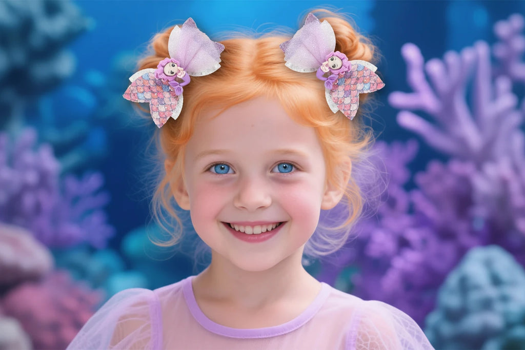 2Pcs Cartoon Mermaid Hair Clips Glitter Bow Hairpin Sparkly Barrette For Girls Children Summer Beach Headdress Hair Accessories
