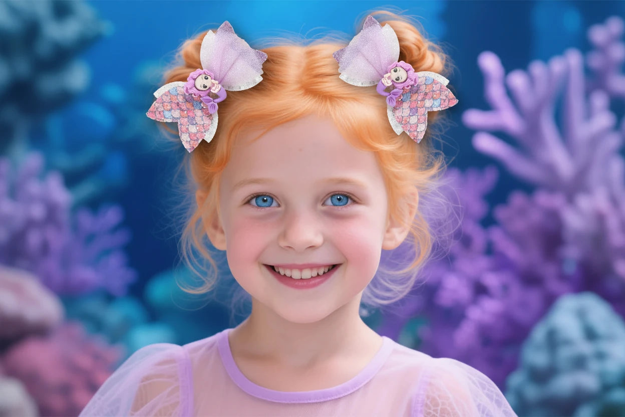 2Pcs Cartoon Mermaid Hair Clips Glitter Bow Hairpin Sparkly Barrette For Girls Children Summer Beach Headdress Hair Accessories