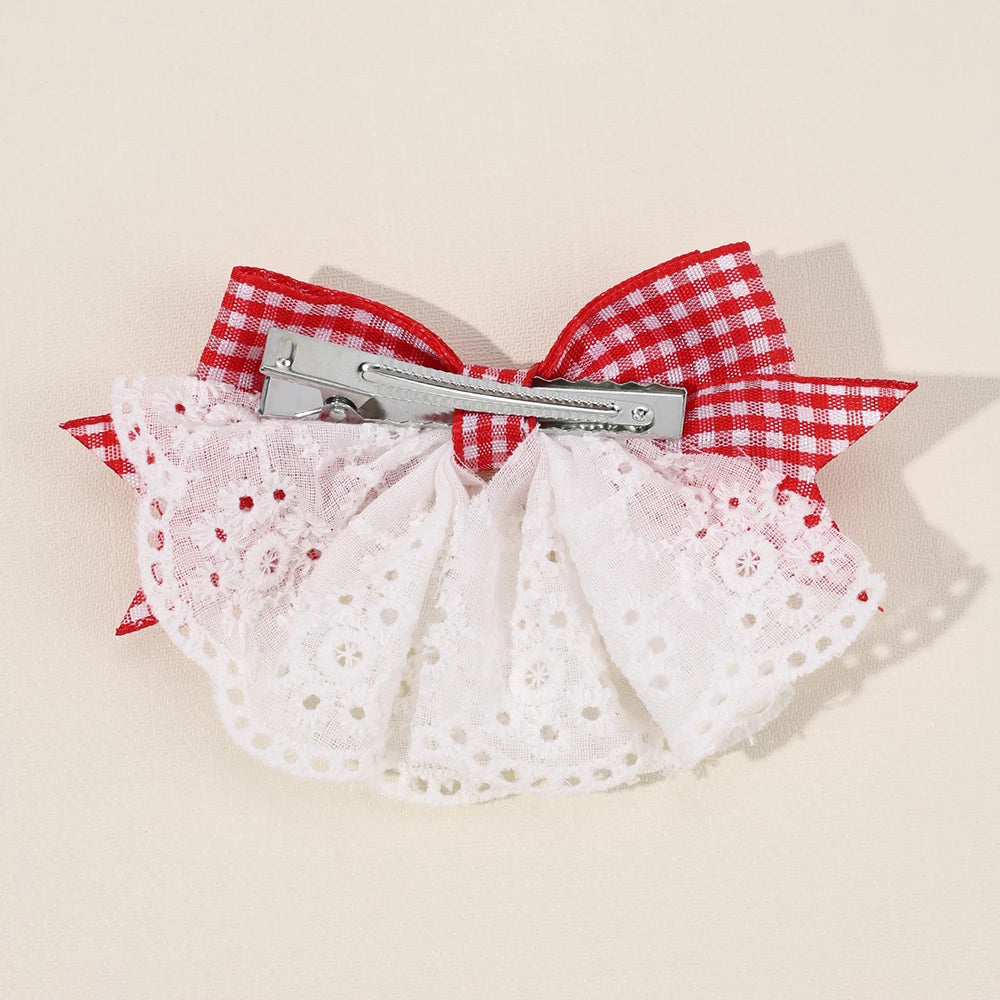 2Pcs New Korean Red Plaid Bow Hair Clips For Girls Cute White Lace Flower Hairpins Sweet Daily Trendy Headwear Hair Accessories